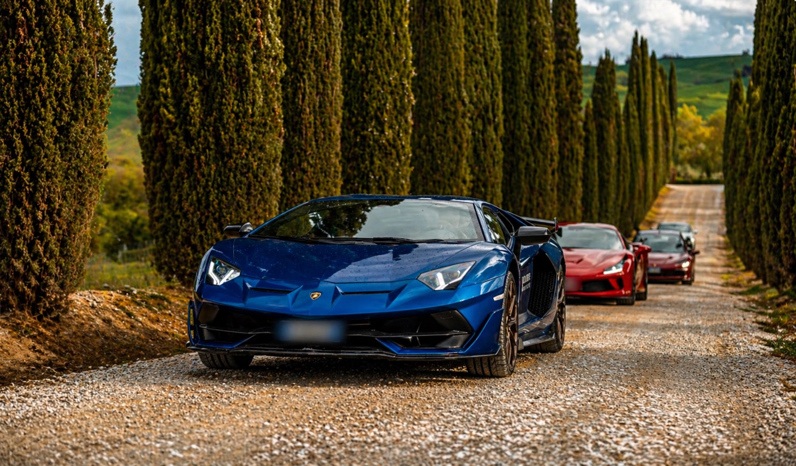 Supercars on the cypress road in Tuscany